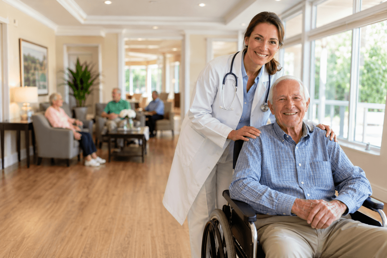 Physician with patient in a nursing home.